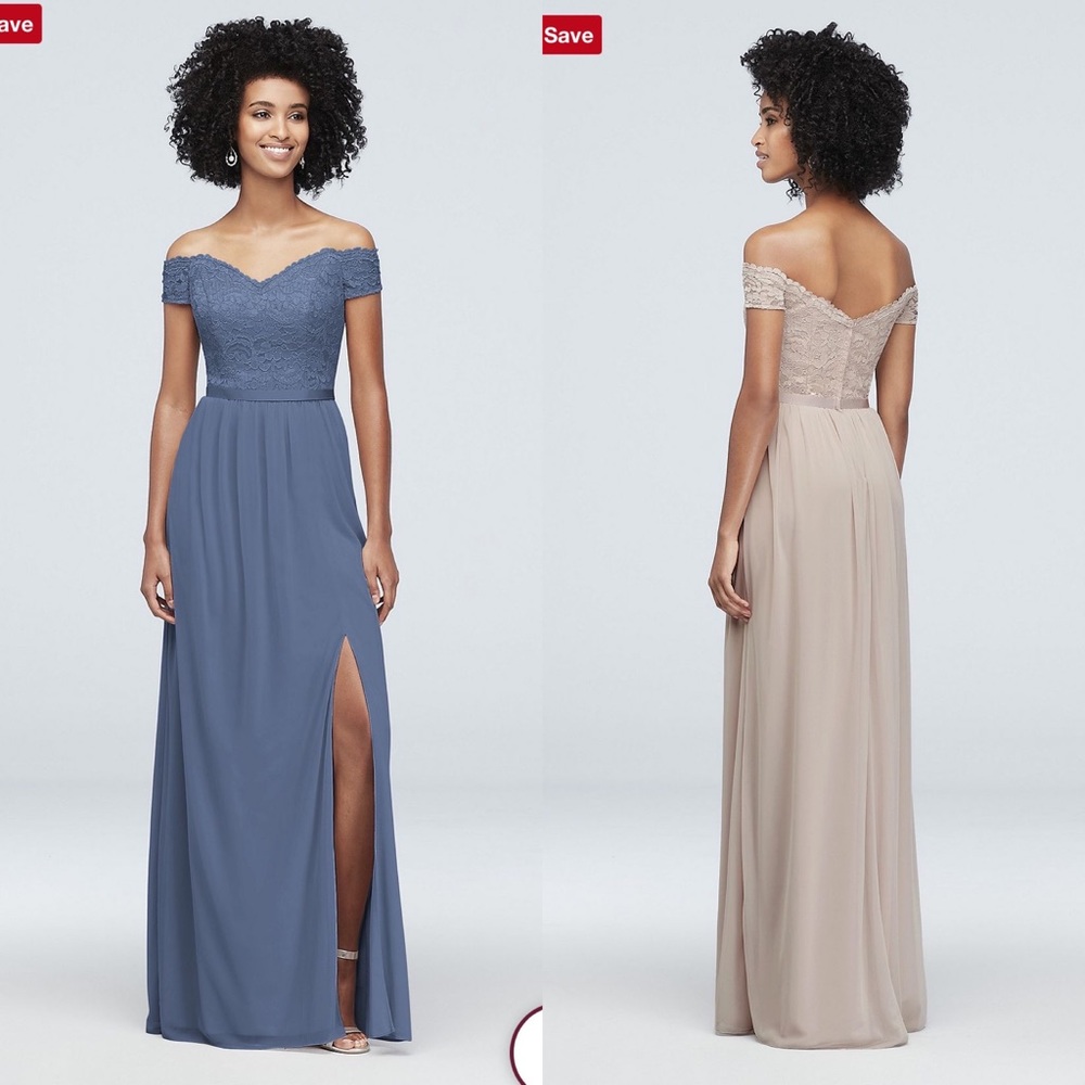 David’s Bridal Lace & Mesh Off the Shoulder Bridesmaid Dress (Steel Blue | 22)